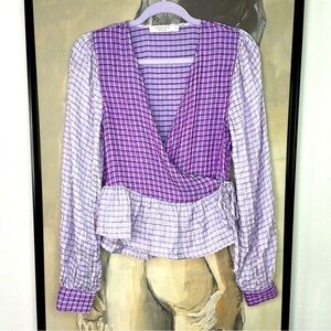 COSTES Atelier Purple Fancy Gingham Check Puffed Sleeve Wrap Top